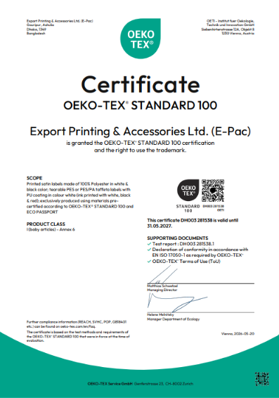 Oeko-Tex Standard 100 Certificate